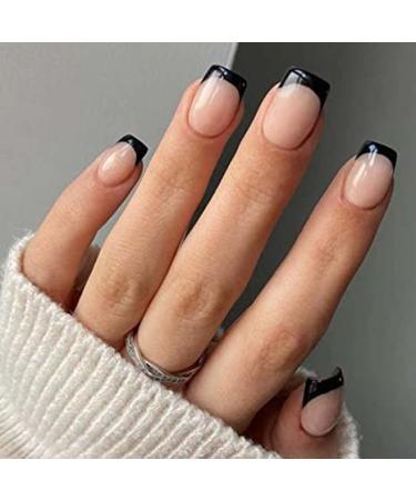 Justotry 24 pieces angular nails to stick on short black French artificial nails trendy nude artificial nails press on nails square fingernails fake nails short for women black & nude1