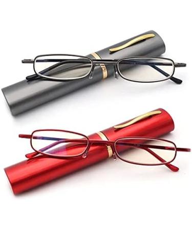 GINGEREYE Blue Light Blocking Reading Glasses 2 Pack for Women +1.50 Diopters - Compact Slim Design with Pen Clip Case - Red & Gunmetal - Buy Online on GoSupps.com