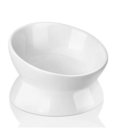 Nucookery Elevated Cat Food Water Bowl,Ceramic Raised Tilted Pet Feeder and Waterer Protect Pets' Spines,Small Dog Fat Faced Cat Kitten Supplies 5" Pure white
