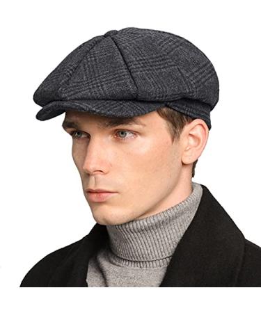 Mens Newsboy Cap High Woolen Tweed Gatsby Hat Ivy Cabbie Flat Golf Cap for Fathers Women Unisex Plaid-dark Grey 7 1/2-7 3/4