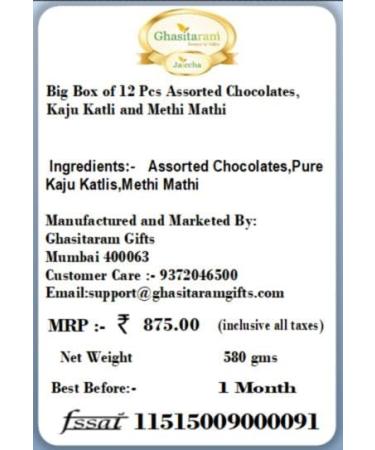 Ghasitaram Gifts Bhaidooj Gifts Big Box of 12 Pcs Assorted Chocolates Kaju Katli and Methi Mathi - Buy Online on GoSupps.com