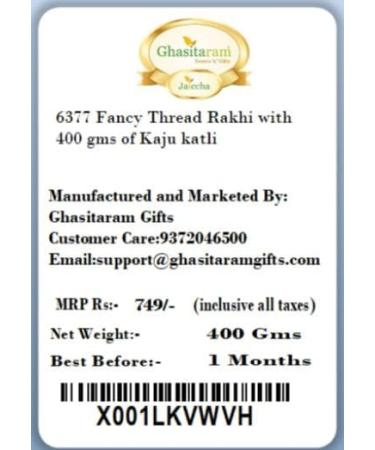 Ghasitaram Gifts Rakhi for Brother Rakhis Online - 6377 Fancy Thread Rakhi with 400 GMS of Kaju katli - Buy Online on GoSupps.com