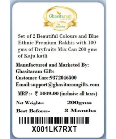 Ghasitaram Gifts Rakhi for Brother Rakhis Online - Set of 2 Beautiful Colours and Blue Ethnic Premium Rakhis with 100 GMS of Dryfruits Mix Can 200 GMS of Kaju katli - Buy Online on GoSupps.com