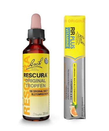 Original RESCURA drops of alcohol-free Bach flower mixture 20ml + rescura plus vitamins candies 42g (formerly rescue) without alcohol vegan sugar-free with B5 + B12 orange-Holunder Bach flower essences