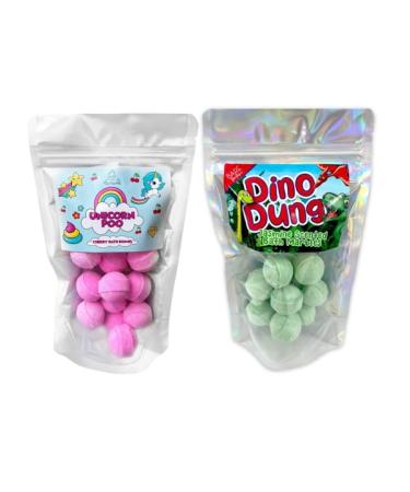 Unicorn Poo and Dino Dung Double Pack. 2 x 12 Mini Bath Bombs. 12 Unicorn Poo Cherry Scented 12 Dino Dung Jasmine Scented. Ideal Stocking Filler Secret Santa Unicorn Poo Dino Dung Double Pack