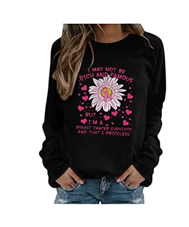 Womens Long Sleeve Crewneck Pullover Sweatshirt Breast Cancer Awareness T-Shirt Workout Loose Graphic Tee Tops Black-4 XX-Large