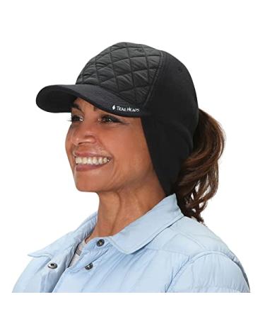 TrailHeads Women's Winter Ponytail Hat | Trucker Hat with Drop Down Ear Warmers Quilted/Black