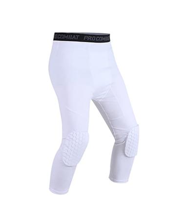 Basketball Pants with Knee Pads,Youth Crashproof Sports 3/4 Compression Pants Leggings Men Volleyball Protector Gear White Medium