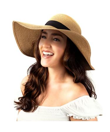 Women Floppy Sun Hat with Wide BrimFoldable Roll-Up Straw Beach Hat UPF 50 Khaki Large
