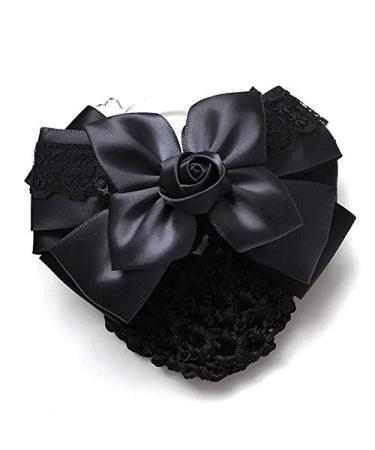 Black Bowknot Hair Bun Cover Net - Satin Ribbon French Clip for Women - Hair Accessories for Stewardess, Banks, Hotels - Buy Online on GoSupps.com