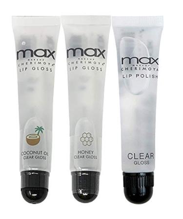 (3Pack) MAX Makeup Cherimoya Lip Polish Clear Set Clear Gloss (Original+Coconut+Honey) 6 Count (Pack of 1) 3pc ClearAssort