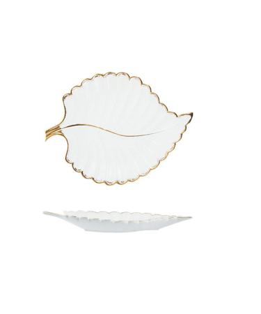 Fruit Dish Gold Plating Ceramic Plate Set Fashion Maple Leaf Design Jewelry Tray Tableware Accessories Dim Sum Fruit Plate Kitchen Dining Dish White L