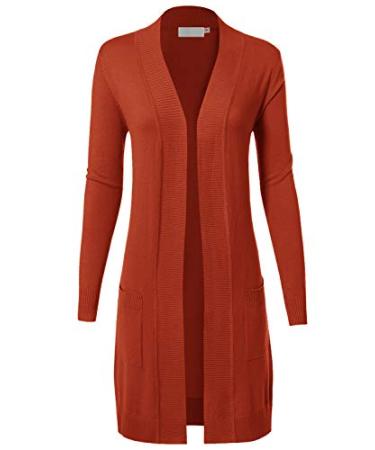 MAYSIX APPAREL Long Sleeve Long Line Knit Sweater Open Front Cardigan W/Pocket for Women (S-3XL) Medium Msg9-rust