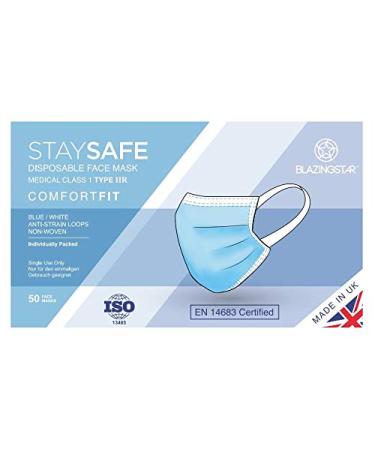 BlazingStar - Made in UK - 3 Ply Surgical Face Mask - Type IIR/Type 2R - Box of 50 Individually Sealed - Comfort Fit Ear Loops - EN14683:2019 Certified - Over 99% BFE - Single Use - Fluid Resistant
