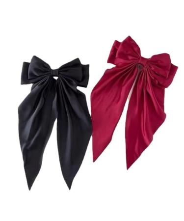 HLLMX 2 PCS Big Bows Hair Clips Soft Satin Silky Bowknot with long Tail French Barrette Hair Clip Big Ribbon Bows Hair Barrettes Clip Hair Accessories for Women Girls ( Black   Wine red)
