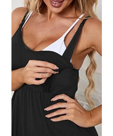 Sosolism Women's Black Nursing Nightdress with Lace Trim - Adjustable Strap Maternity Breastfeeding Dress - Buy Online on GoSupps.com