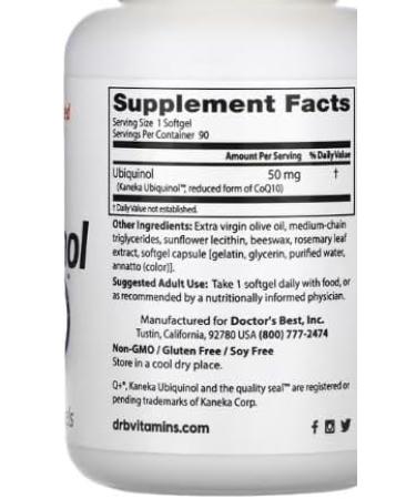 Doctor's Best Ubiquinol with Kaneka QH - 50mg 90 softgels | Cardiovascular Support and Natural Energy - Buy Online on GoSupps.com