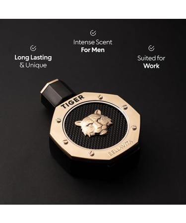 BellaVita Luxury TIGER Perfume for Men (3.38 Fl.oz) | Amber OUD Patchouli Bergamot Lavender & Agarwood | Premium Lasting Men's Fragrances | Eau de Parfum gift for Men | Woody & Smooth Mens Purfume - Buy Online on GoSupps.com