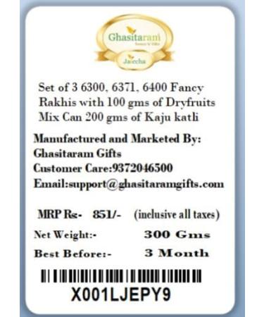 Ghasitaram Gifts Rakhi for Brother Rakhis Online - Set of 3 6300 6371 6400 Fancy Rakhis with 100 GMS of Dryfruits Mix Can 200 GMS of Kaju katli - Buy Online on GoSupps.com