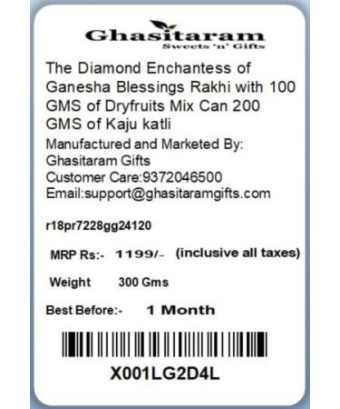 Ghasitaram Gifts Rakhi for Brother Rakhis Online - The Diamond Enchantess of Ganesha Blessings Rakhi with 100 GMS of Dryfruits Mix Can 200 GMS of Kaju katli Rakhi & 100g Dryfruits Mix Can 200g Kaju katli - Buy Online on GoSupps.com