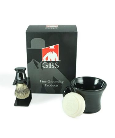 G.B.S Stylish Grooming Shaving Set- For Wet Shaving Boxed-Ceramic Black Shaving Soap Bowl/Mug with Knob Handle, Badger Hair Brush + Stand and Natural Shave Soap Set for Men