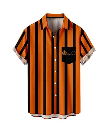 Mens Halloween Retro Color Block Bowling Shirts Short Sleeve Button Down Shirt Cute Pumpkin Print Casual Hawaiian Beach Shirt 3X-Large F-black