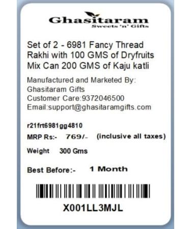 Ghasitaram Gifts Rakhi for Brother Rakhis Online -Set of 2-6981 Fancy Thread Rakhi with 200 GMS of Kaju katli - Buy Online on GoSupps.com