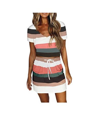 Ganfancp Casual Summer Dress for Women,V-Neck Short Sleeve Striped Mini Dress Daily Pocket T-Shirt Dress with Drawstring Orange Summer Dress 22 Small