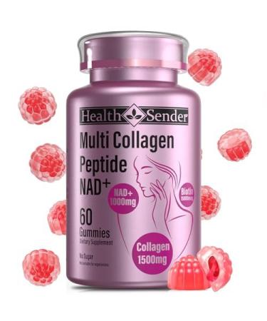 Collagen Peptide Gummies Sugar-Free Woman &Man's Proteins Collagen Gummy Filled 1500mg Hydrolyzed Collagen Type I II III V X 1000mg NAD 15000mcg Biotin Supplement for Skin Hair Nails Strawberry 60 Count (Pack of 1)