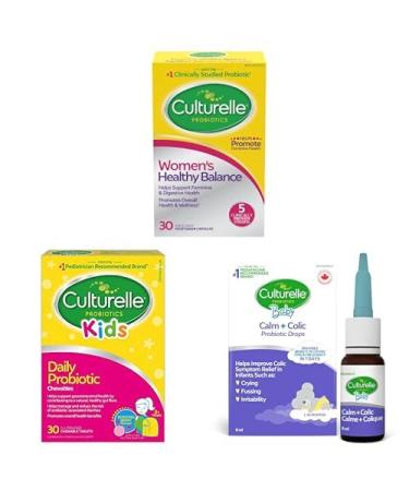 Culturelle Women's Healthy Balance Probiotic for Women 30ct + Culturelle Kids Daily Probiotic Chewable for Kids 30ct + Culturelle Baby Calm Plus Colic Probiotics for Babies Drops