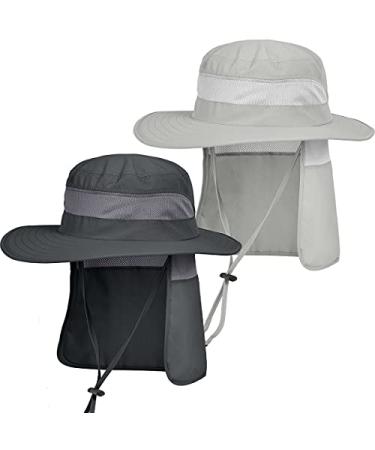 IYEBRAO 2 Pack Mens UV Protection Sun Hat with Neck Flap Summer Foldable Mesh Boonie Cap for Fishing Hiking Garden Work Dark Grey&light Grey