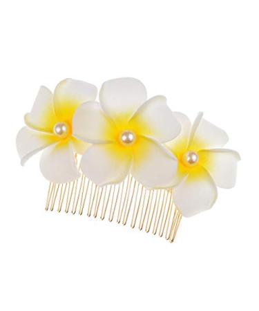 Love Sweety Hawaiian Plumeria Pearl Hair Clips Flower Barrettes for Beach Party Golden Comb-White
