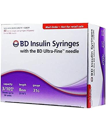 BD Insulin Syringes with BD Utra-Fine Needle - For U-100 insulin - 31 Gauge 3/10 cc 5/16 inch - 100 count (10 packs of 10)