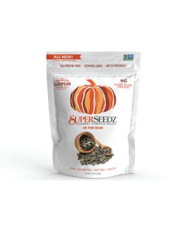 Superseedz Raw Pumpkin Seeds (Pepitas) No Shell | Whole 30, Paleo, Vegan & Keto Friendly | 9g Plant Based Protein | Produced In USA | Nut Free | Fresh Gluten Free Snack | (12 oz Bag) Raw Pumpkin Seeds 12 Ounce (Pack of 1)