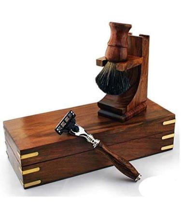 Premium Wooden Shaving Set for Men Featuring Triple Edge Luxury Razor & Pure Black Badger Hair Brush with Stand & Box