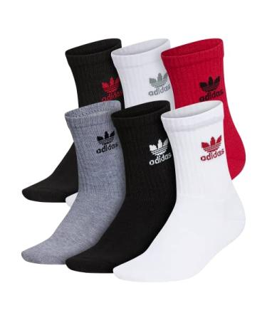 adidas Originals Kids-Boy's/Girl's Trefoil Cushioned Crew Socks (6-Pair) Large White/Better Scarlet/Black