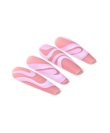 Brishow Long Press On Nails - Pink Lines Ballerina Acrylic Fake Nails | 24 Pieces for Women & Girls | International Shipping - Buy Online on GoSupps.com