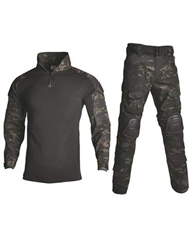 HARGLESMAN Men's Tactical Military Suits Long Sleeve Fitting Amry Uniforms Combat Shirt and Pants with Knee Pads Black Camo Medium