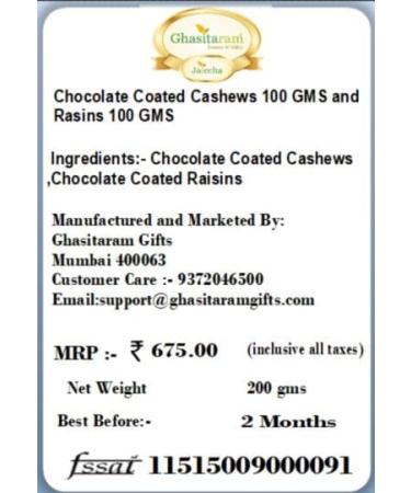 Jaiccha Ghasitaram Diwali Gifts Chocolate - Chocolate Coated Cashews 100 GMS and Rasins 100 GMS with 2 T-Lites - Buy Online on GoSupps.com