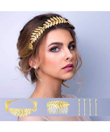 THUNARAZ 10Pcs Golden Laurel Leaf Bracelet Armband Crown Arm Cuff Bridal Jewelry Set - Greek Goddess Headband Hair Comb & Wedding Headpiece Accessories - Buy Online on GoSupps.com