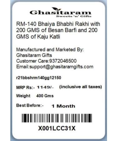Ghasitaram Gifts Rakhis Online - Rakhi for Brother- RM-140 Bhaiya Bhabhi Rakhi with 200 GMS of Besan Barfi and 200 GMS of Kaju Katli Rakhi Set with 200 gms of Besan Barfi & Kaju Katli - Buy Online on GoSupps.com