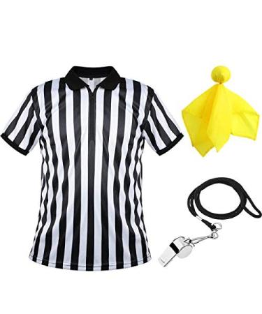 Men's Official Umpire Jersey, Black and White Stripe Overturned Collar Referee Shirt, Yellow Penalty Flag and Stainless Steel Whistle with Lanyard for Basketball Football Soccer Medium