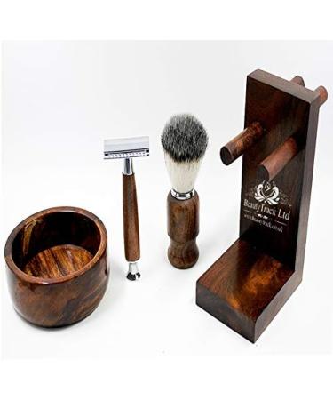 BeautyTrack Vintage Wood Shaving Kit for Men - Safety Razor, Badger Hair Brush, Soap Bowl - Great Gift Idea for Christmas - Buy Online on GoSupps.com