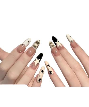 KEMKEY Handmade Nail Art Wear Nail Hand-painted Stars White False Nails Removable Long Models(Large)