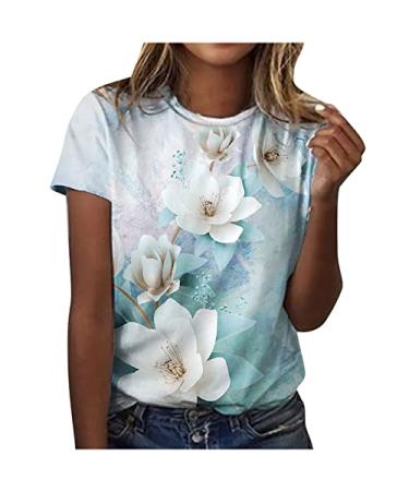 Summer Tops for Women Casual Floral Printed Blouses Tees Round Neck Loose Short Sleeve T Shirts Pullover Tops Small Light Blue