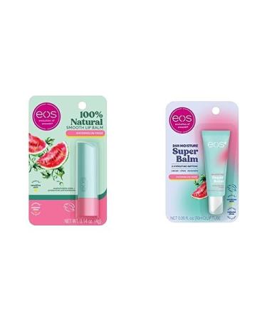 Bundle of eos 100% Natural Watermelon Fros Lip Balm + eos 24H Moisture Watermelon Fros Super Balm Lip Mask Day or Night Lip Treatment Made for Sensitive Skin
