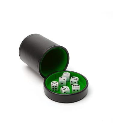 Luck Lab Black Leather Dice Cup with Lid Including 6 Matching Pearl Dice - Green Velvet Interior for Quiet Shaking - Use for Liars Dice Farkle Yahtzee Board Games, Black