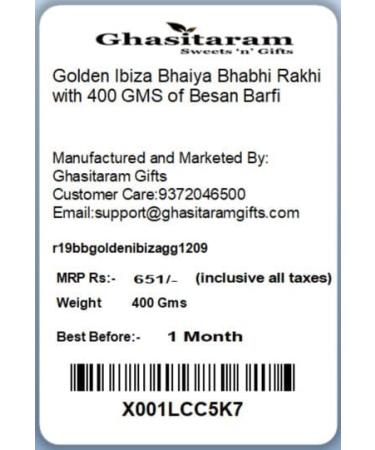 Ghasitaram Gifts Rakhis Online - Rakhi for Brother- Ibiza Bhaiya Bhabhi Rakhi with 400 GMS of Besan Barfi Rakhi Set with 400 gms of Besan Barfi - Buy Online on GoSupps.com