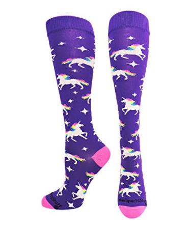MadSportsStuff Neon Rainbow Unicorn Athletic Over the Calf Socks - for Softball Soccer - Youth and Adult Purple/Neon Pink Small