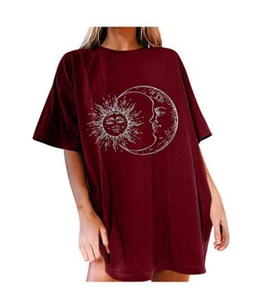 Women's Vintage Sun and Moon Printed Pattern Loose T-Shirt Casual Summer Short Sleeve Tops Tunic Tee Shirts XX-Large Wine